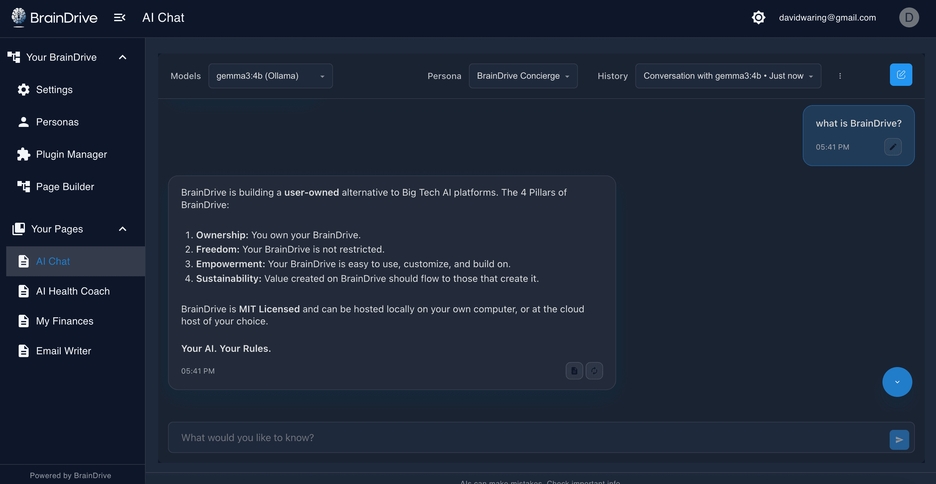 BrainDrive AI dashboard screenshot