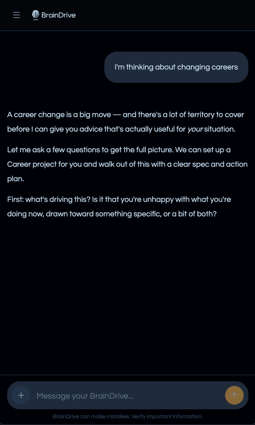 BrainDrive helping define a career change goal on mobile